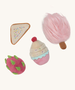 Olli Ella fairy food set available at Babipur. A set of 4 soft plush food items including a  cupcake, fairy bread, dragonfruit and candy floss