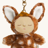 A close up of the Olli Ella fawny lala cozy bag charm available at Babipur showing the cute facial features and clip detail on the charm