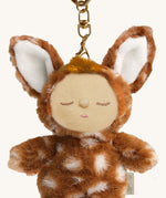 A close up of the Olli Ella fawny lala cozy bag charm available at Babipur showing the cute facial features and clip detail on the charm