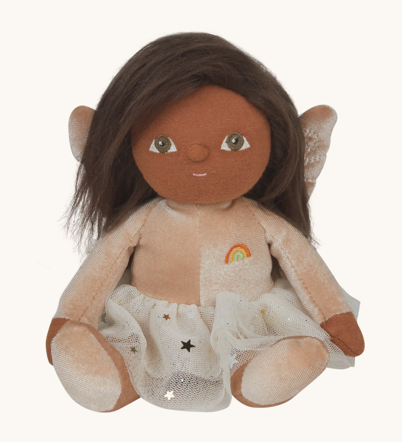 Olli Ella Faye fairy dinky dinkum doll available at Babipur. A peach coloured soft cuddly doll with a cute playful face and long brown hair. Features a glittery skirt and matching peach fairy wings