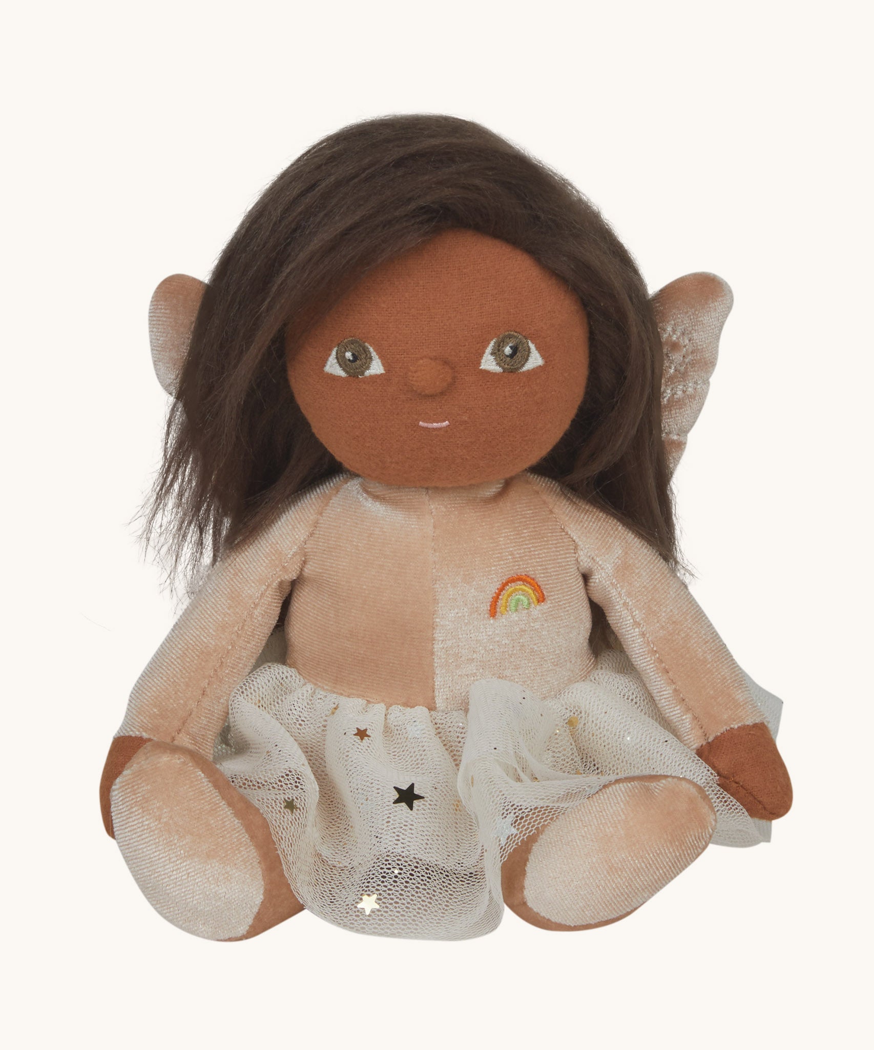 Olli Ella Faye fairy dinky dinkum doll available at Babipur. A peach coloured soft cuddly doll with a cute playful face and long brown hair. Features a glittery skirt and matching peach fairy wings