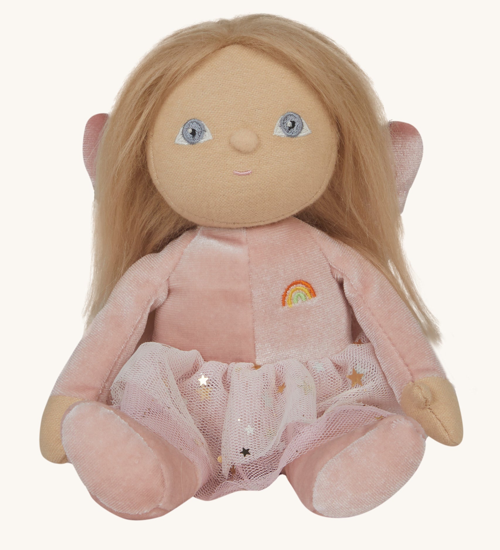 Olli Ella Fiona fairy dinky dinkum doll available at Babipur. A light pink soft cuddly doll with a cute playful face and long hair. Features a glittery skirt and matching pink fairy wings