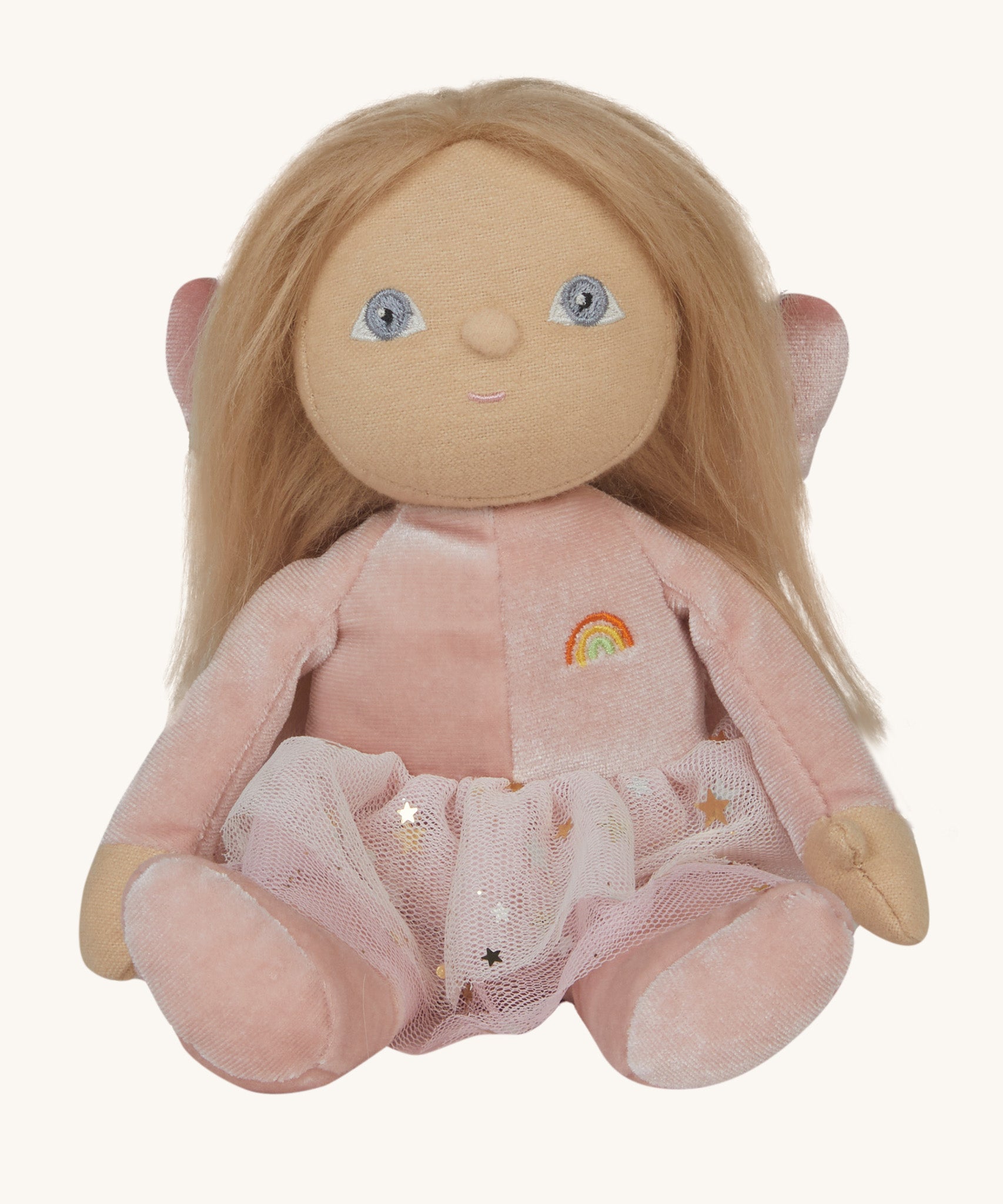 Olli Ella Fiona fairy dinky dinkum doll available at Babipur. A light pink soft cuddly doll with a cute playful face and long hair. Features a glittery skirt and matching pink fairy wings