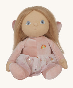 Olli Ella Fiona fairy dinky dinkum doll available at Babipur. A light pink soft cuddly doll with a cute playful face and long hair. Features a glittery skirt and matching pink fairy wings