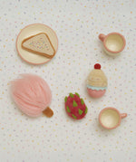 Olli Ella fairy food set on a dotted table cloth A set of 4 soft plush food items including a  cupcake, fairy bread, dragonfruit and candy floss