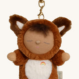 A close up of the Olli Ella fox finley cozy bag charm available at Babipur showing the clip detail on the charm for clipping on a bag