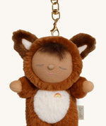 A close up of the Olli Ella fox finley cozy bag charm available at Babipur showing the clip detail on the charm for clipping on a bag