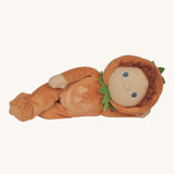 An Olli Ella Jack-O-Lantern pumpkin dinky dinkum doll. The soft doll has a glow in the dark face on it's belly and a small embroidered rainbow detail on it's chest. These soft toys are part of Olli Ella's Halloween collection available here at Babipur.