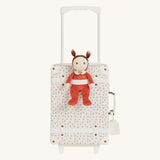 Olli Ella See-Ya Suitcase with a Leafed Mushroom print with handle extended and annie apple dinky dinkum pictured on a plain background