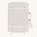 Olli Ella See-Ya Suitcase with a Leafed Mushroom print with handle down pictured on a plain background