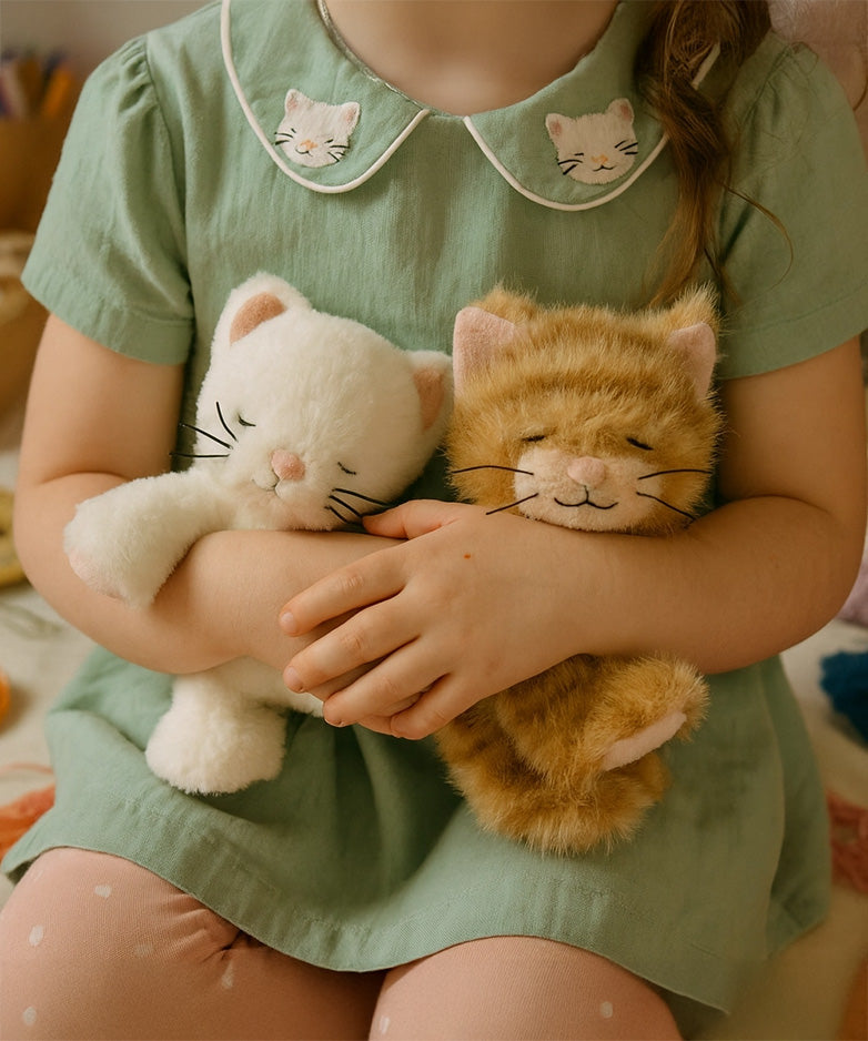 A close of a little girl holding a Olli Ella Kiki and Koda binky dolls showing their sleeping face and whisker detail. Both of these dolls are available at Babipur.