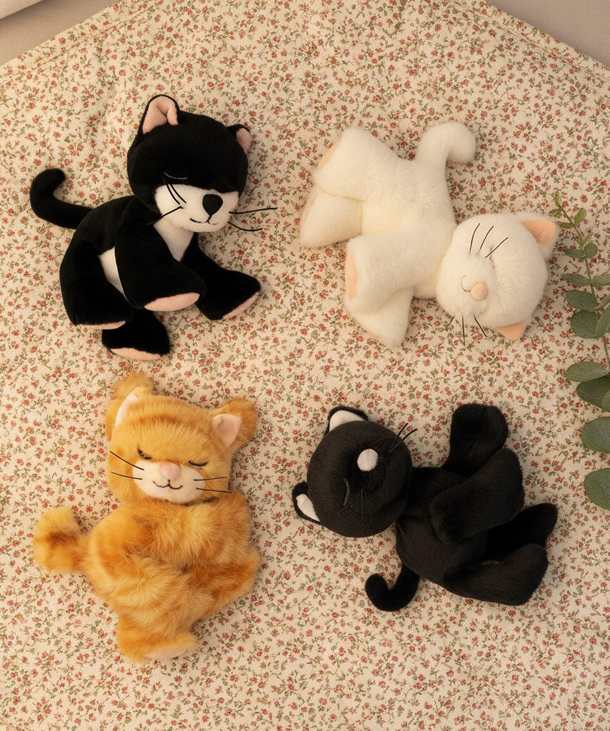 A group of Olli Ella binky kitten toy dolls lying on a floral blanket. These cuddly toys have a sleeping face and feature cute ears and whiskers. These soft dolls are available at Babipur.
