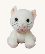 A sitting Olli Ella lux cat dinkum doll with the pink magnetic fish in its mouth available at Babipur. 