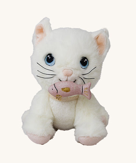 A sitting Olli Ella lux cat dinkum doll with the pink magnetic fish in its mouth available at Babipur. 