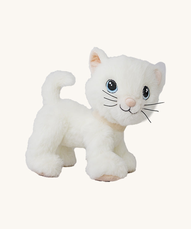 A standing A sitting Olli Ella lux cat dinkum doll available at Babipur showing the whiskers and tail detail.