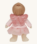 Olli Ella Dress Me Dinky Doll - Mia Melody, wearing a pink tulle tutu, cardigan, and embroidered velvet fairy wings. Rear view, cream background.