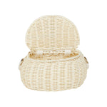 Olli ella natural rattan mini chari bag in the chalk colour with the lid open on a white background