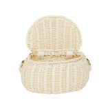 Olli ella natural rattan mini chari bag in the chalk colour with the lid open on a white background
