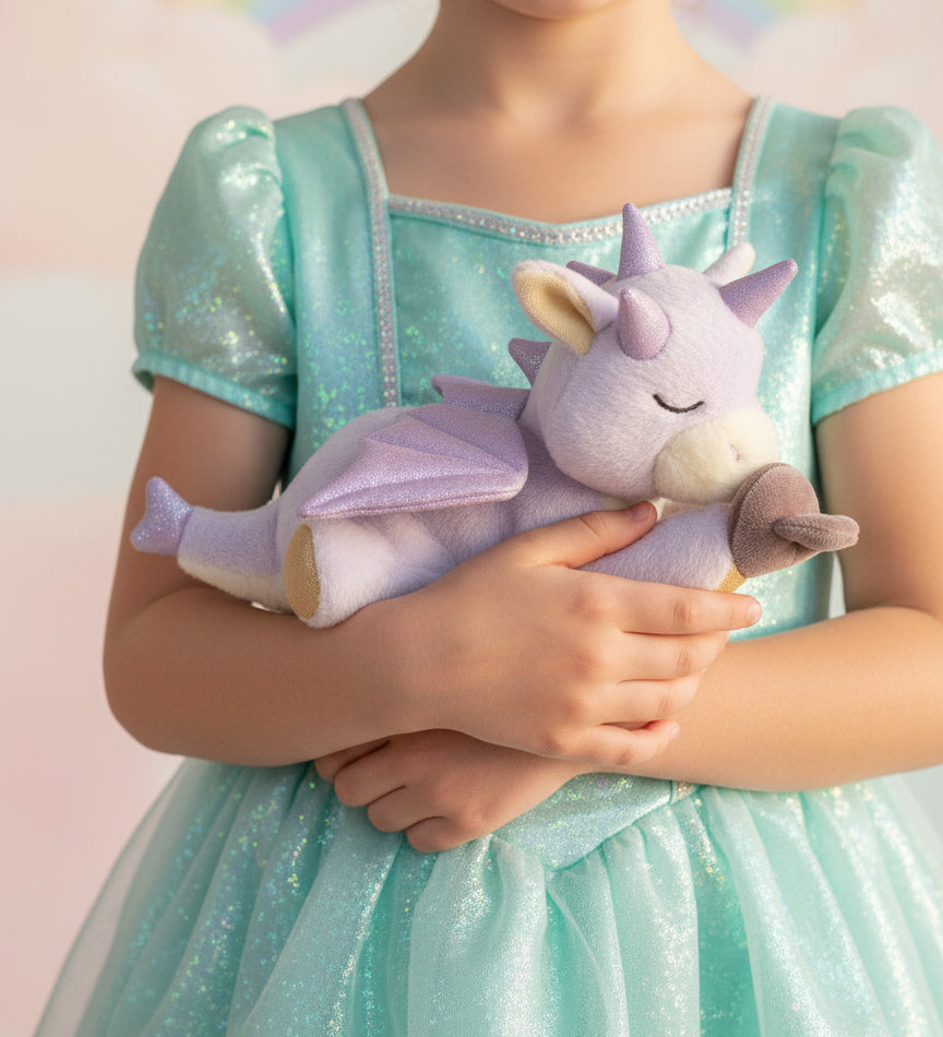 A child wearing a princess outfit and holding a Olli Ella misty binky dragon doll. This light purple fluffy dragon has a sleeping face and features glittery wings and comes with a purple magnetic pacifier. This soft toy is available at Babipur.