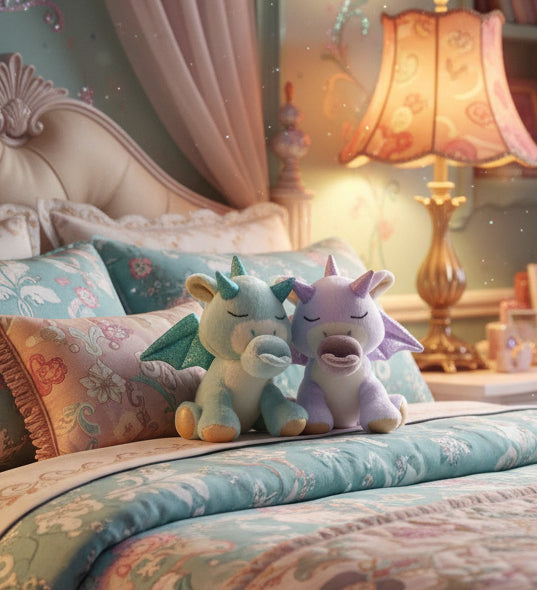 A Olli Ella volt and misty binky dragon dolls standing on fairytale inspired bed These two dragons are available at Babipur.