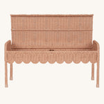 Olli Ella Seashell Pink Rattan Petal Storie Bench shown with the lid open.