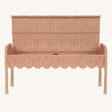 Olli Ella Seashell Pink Rattan Petal Storie Bench shown with the lid open.