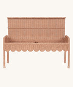 Olli Ella Seashell Pink Rattan Petal Storie Bench shown with the lid open.