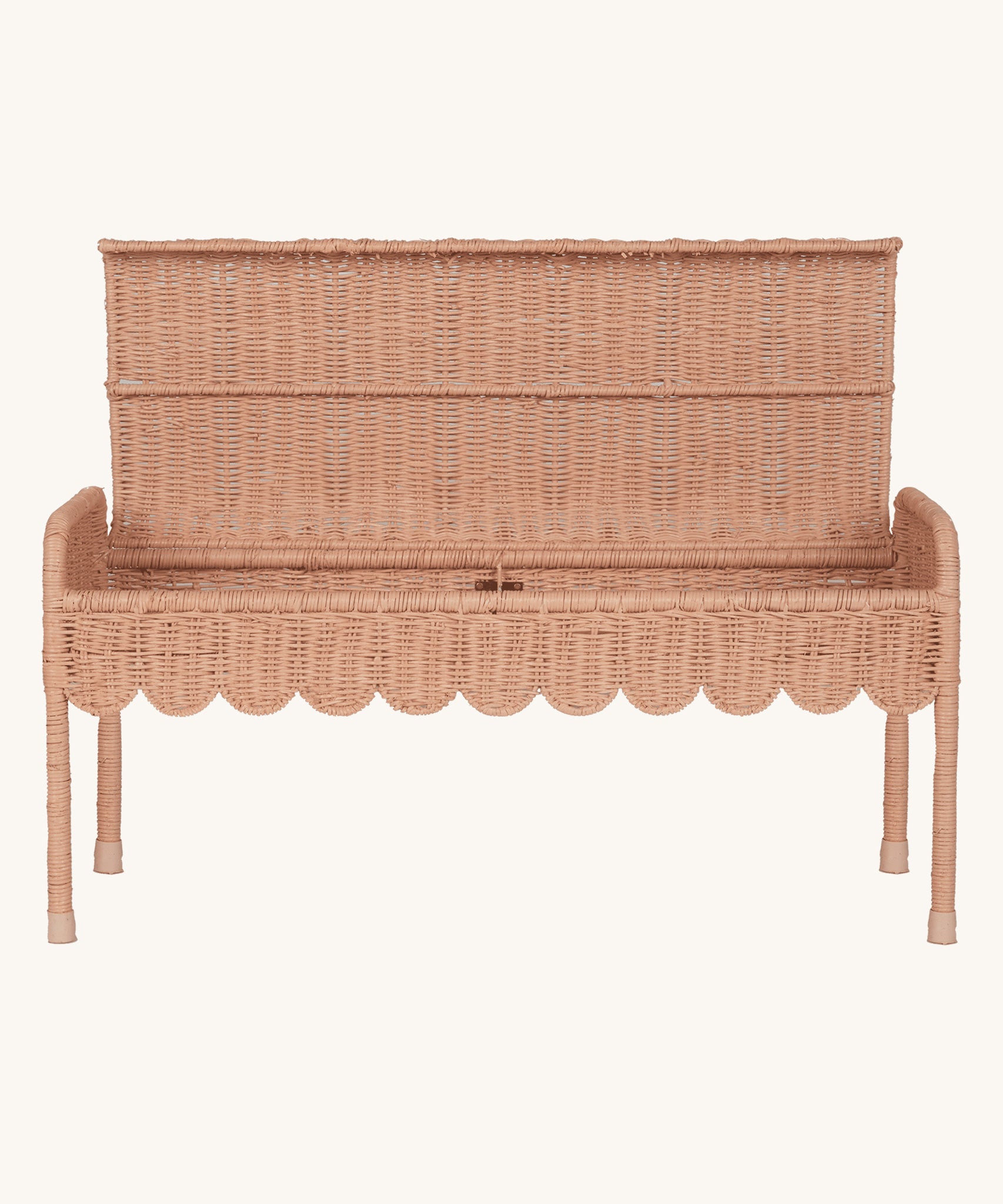 Olli Ella Seashell Pink Rattan Petal Storie Bench shown with the lid open.