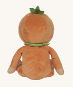 The back of an Olli Ella Jack-O-Lantern pumpkin dinky dinkum doll. The soft doll has a glow in the dark face on it's belly and a small embroidered rainbow detail on it's chest. These soft toys are part of Olli Ella's Halloween collection available here at Babipur.
