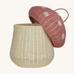 The Olli Ella large woven rattan storage basket, in the shape of a mushroom with a spotty pink toadstool lid.