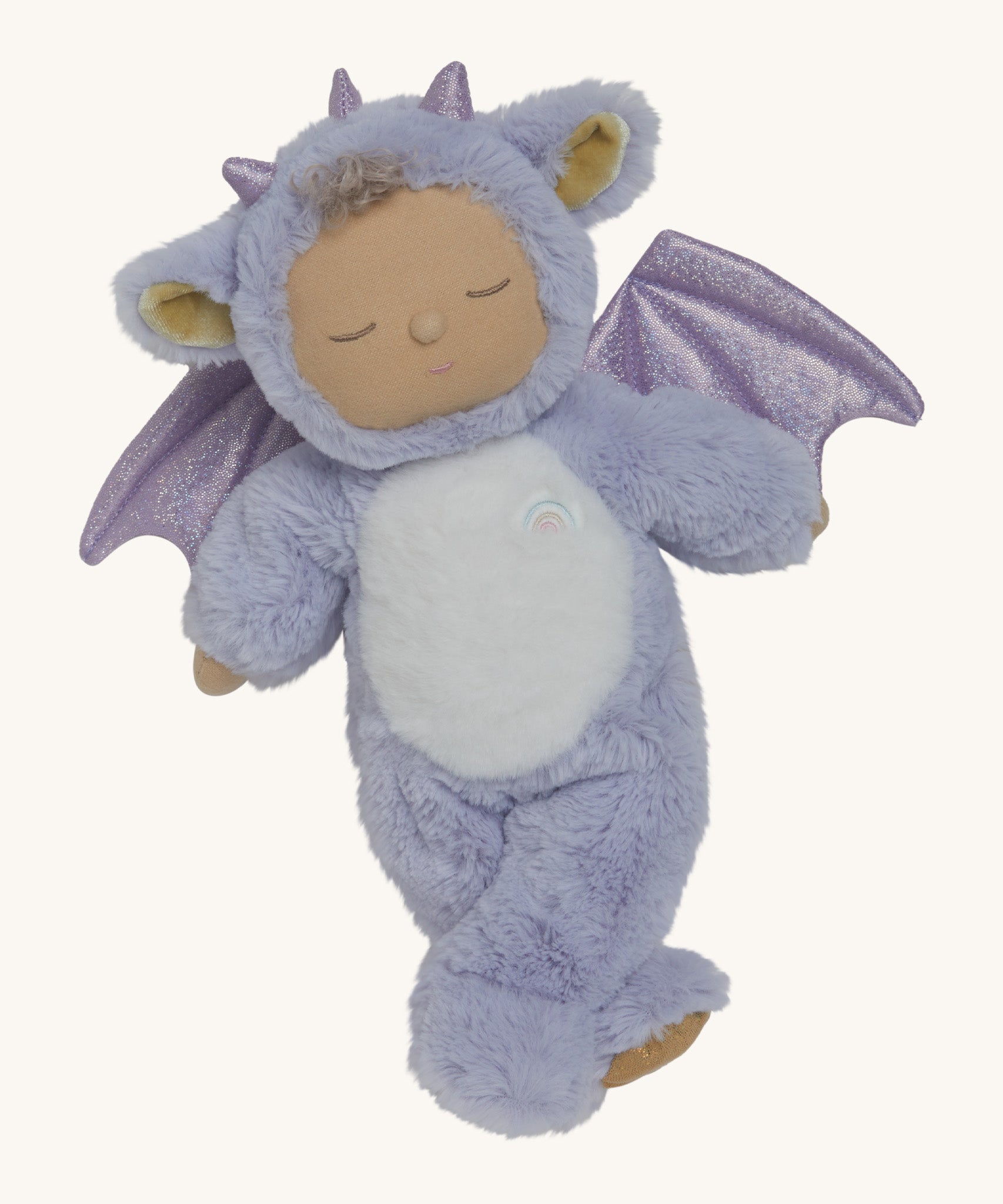 Olli Ella Rory cozy dinkum doll available at Babipur. A soft and fluffy lilac doll with a cute sleepy face and ears. Dinkum doll has sparkling lilac dragon wings and horns