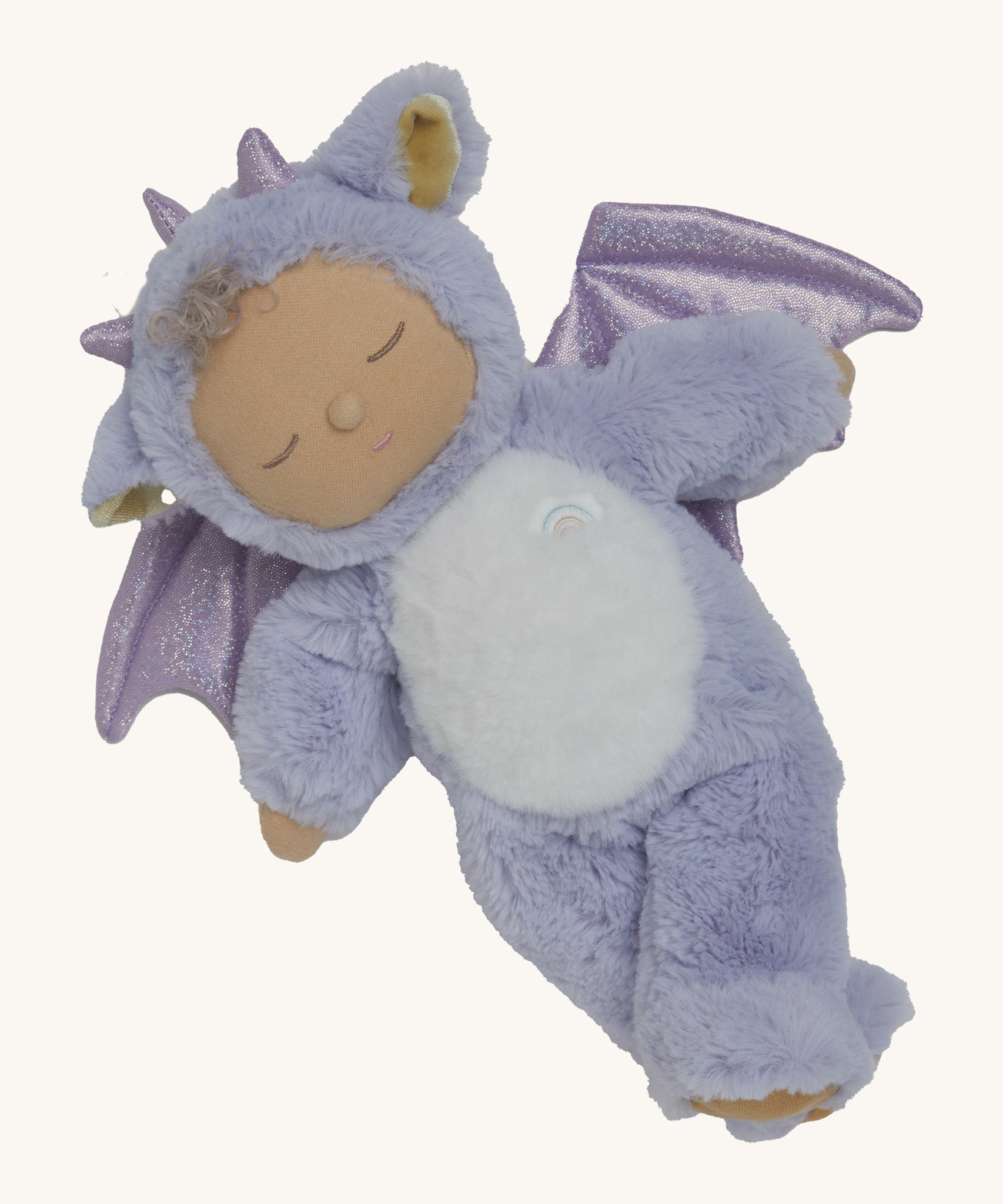 Olli Ella Rory cozy dinkum doll available at Babipur. A soft and fluffy lilac doll with a white torso and sparkling lilac dragon features