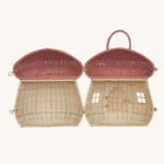 The Olli Ella Rattan Woven mushroom doll's house, with a pink spotty toadstool top, open fully to show inside.