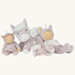 A picture of the Olli Ella unicorn collection toys posed together; a dinkum doll, a dinky doll, a dinkum unicorn, and a baby unicorn