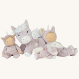 A picture of the Olli Ella unicorn collection toys posed together; a dinkum doll, a dinky doll, a dinkum unicorn, and a baby unicorn
