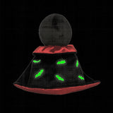 A view of the back of the Olli Ella Vincent Vampire Dinky Dinkum doll. A soft vampire doll with a black cape with bat shaped glow in the dark details on the back. These soft toys are part of Olli Ella's Halloween collection available here at Babipur.