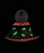 A view of the back of the Olli Ella Vincent Vampire Dinky Dinkum doll. A soft vampire doll with a black cape with bat shaped glow in the dark details on the back. These soft toys are part of Olli Ella's Halloween collection available here at Babipur.