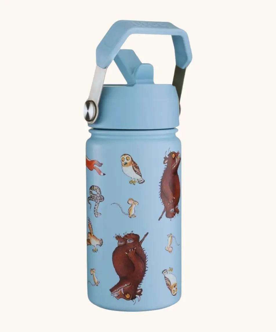 One Green Bottle insulated stainless steel bottle in blue with repeating Gruffalo character design and carry handle