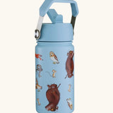 One Green Bottle insulated stainless steel bottle in blue with repeating Gruffalo character design and carry handle