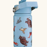 One Green Bottle stainless steel bottle in blue with repeating Gruffalo characters, carry handle and flip lid