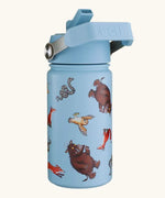 One Green Bottle stainless steel bottle in blue with repeating Gruffalo characters, carry handle and flip lid