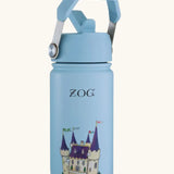 One Green Bottle insulated stainless steel bottle in blue with a Zog castle design and carry handle