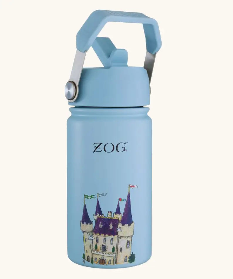 One Green Bottle insulated stainless steel bottle in blue with a Zog castle design and carry handle