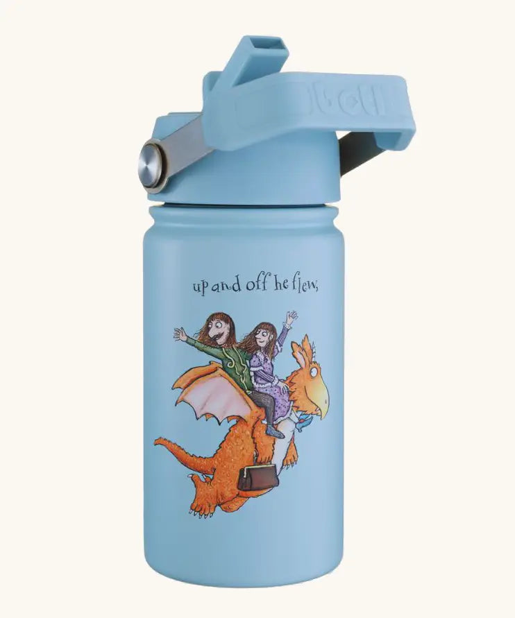 One Green Bottle stainless steel bottle in blue with Zog characters, carry handle and flip lid