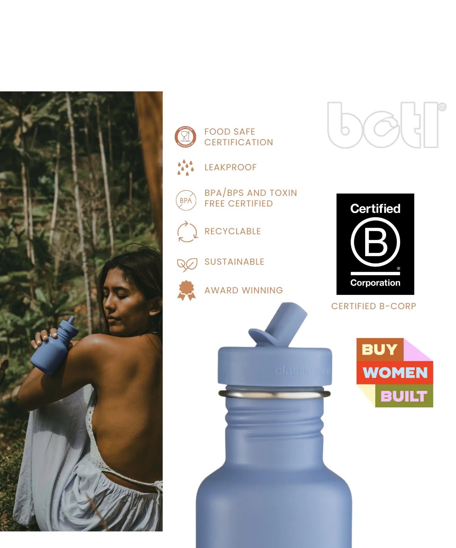 A graphic showing certification and awards for the 350ml One Green Bottle stainless steel bottle