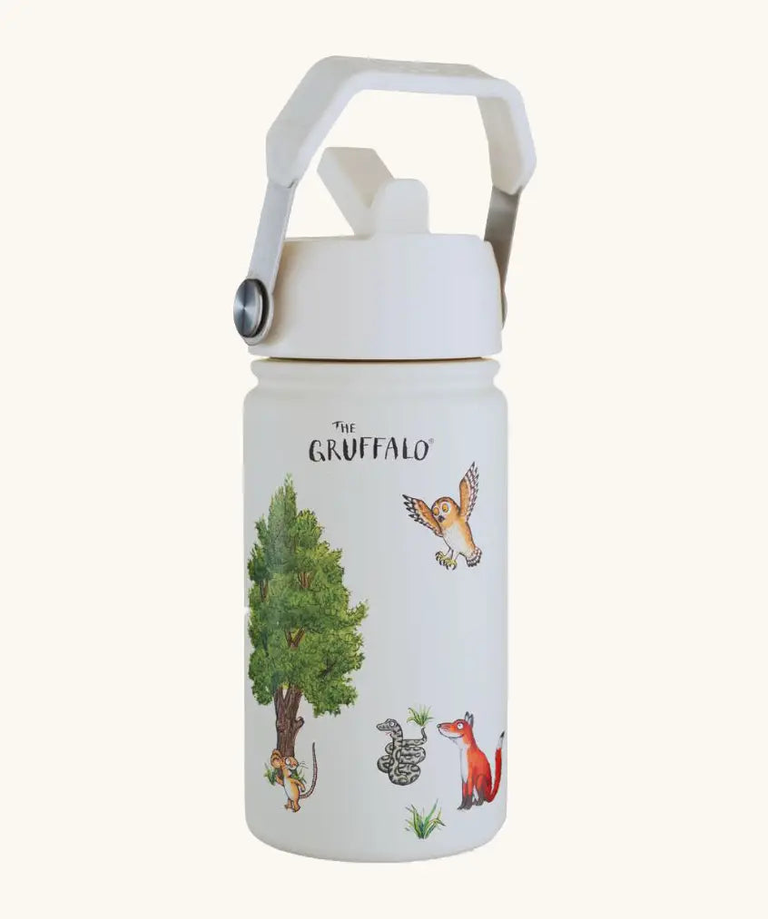 One Green Bottle insulated stainless steel bottle in cream with Gruffalo characters and carry handle