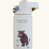 One Green Bottle stainless steel bottle in cream with a Gruffalo design handle and flip lid