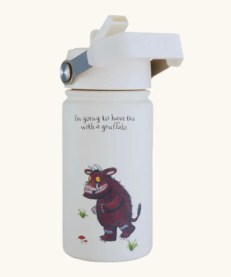 One Green Bottle stainless steel bottle in cream with a Gruffalo design handle and flip lid