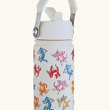 One Green Bottle insulated and leakproof bottle in cream with a repeating zog design and carry handle