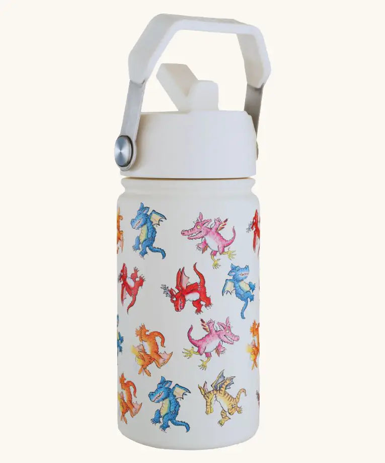 One Green Bottle insulated and leakproof bottle in cream with a repeating zog design and carry handle